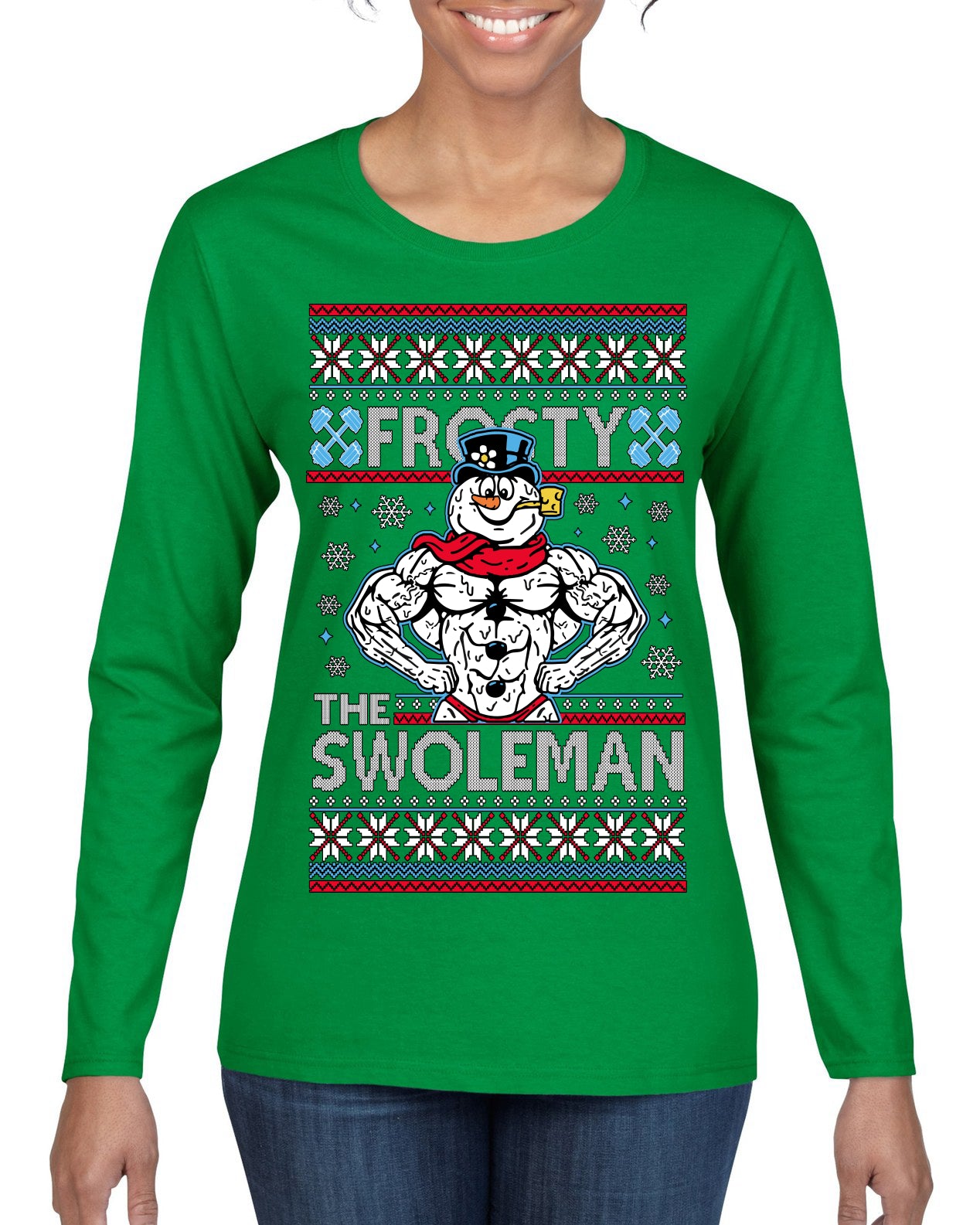 Frosty the Swoleman Funny Workout Lifting Snowman MovieUgly Christmas Sweater Womens Graphic Long Sleeve T-Shirt