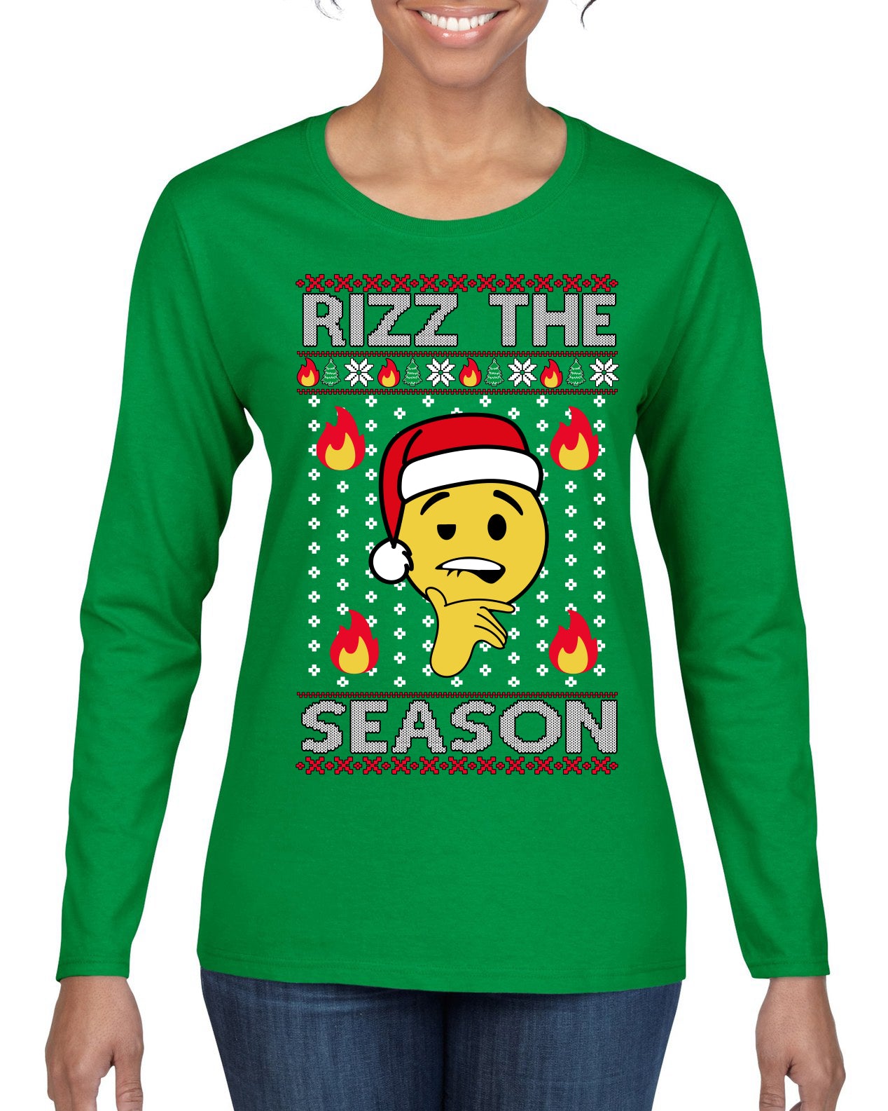 Rizz the Season Viral Internet Fire Emoji Face Meme Ugly Christmas Sweater Womens Graphic Long Sleeve T-Shirt