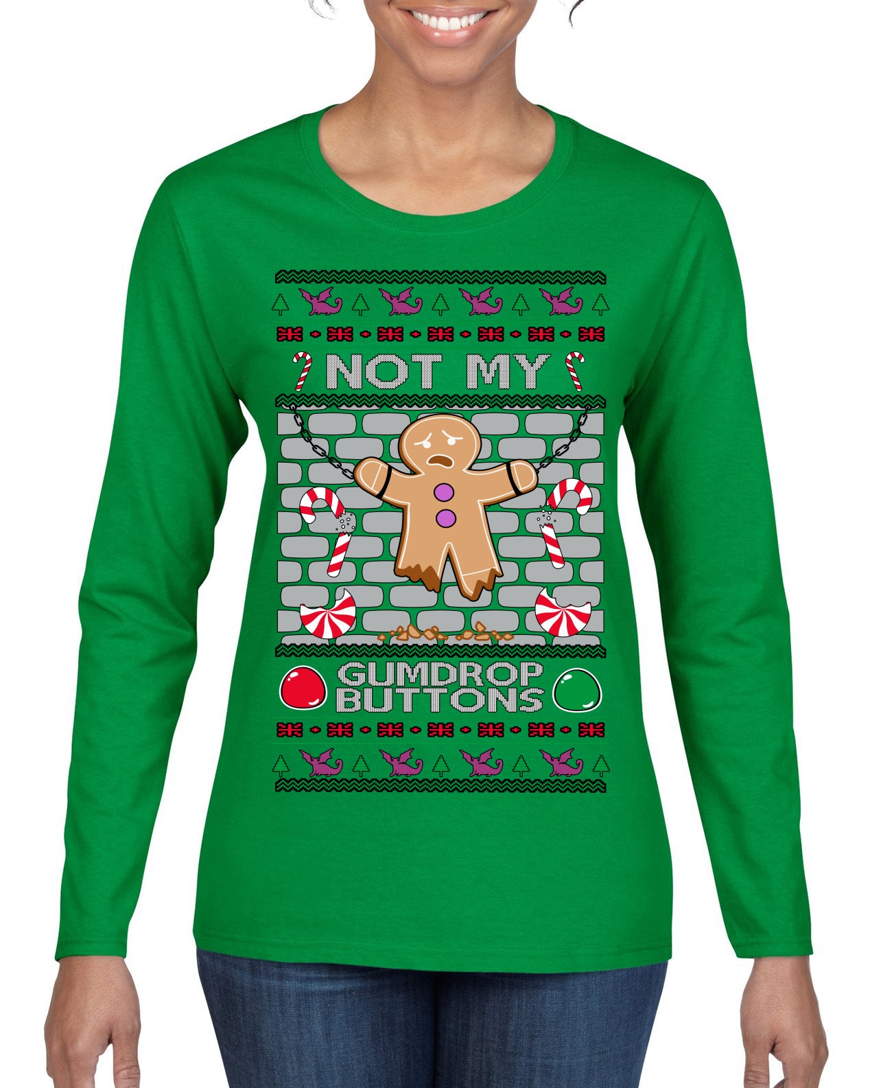 Not My Gumdrop Buttons Funny Classic Movie Quote Ugly Christmas Sweater Womens Graphic Long Sleeve T-Shirt