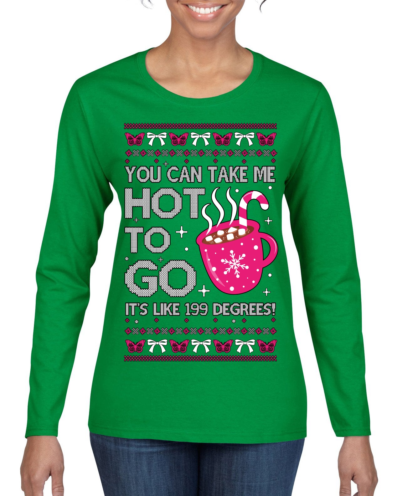 You Can Take Me Hot to Go, Hot Cocoa Viral Song Pop Music Ugly Christmas Sweater Womens Graphic Long Sleeve T-Shirt