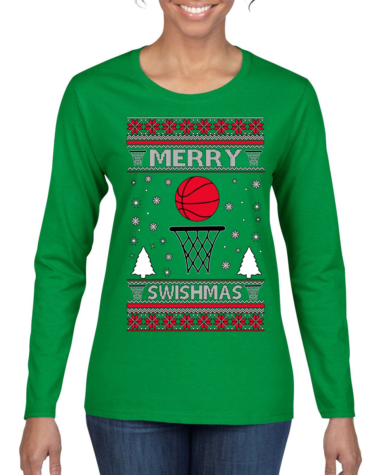 Merry Swishmas Basketball Sports Ugly Christmas Sweater Womens Graphic Long Sleeve T-Shirt