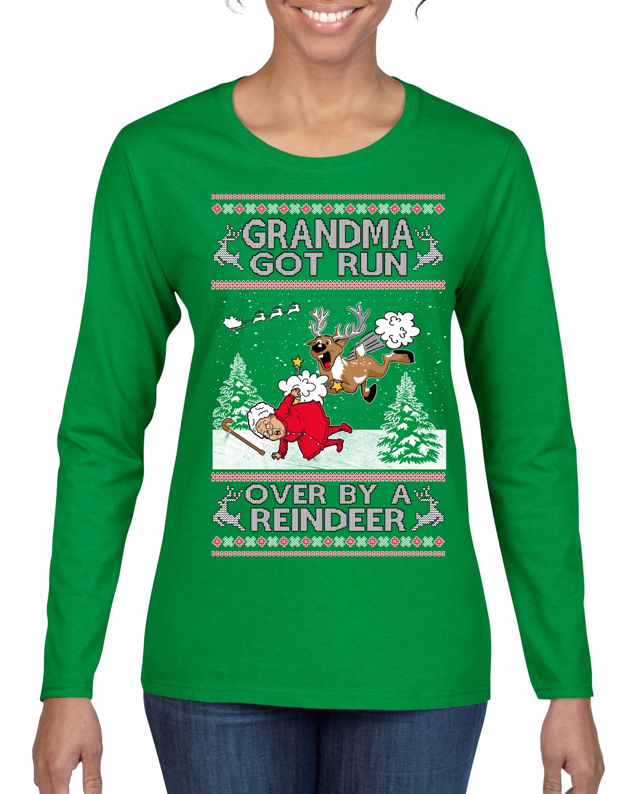 Grandma Got Run Over by a Reindeer, Funny Animated Design Rein Deer Kids TV Song Movie Ugly Christmas Sweater Womens Graphic Long Sleeve T-Shirt