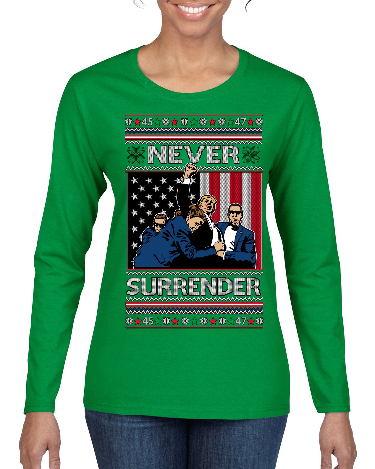 Never Surrender Pro Donald Trump Fight Fist Pump 2024 Ugly Christmas Sweater Womens Graphic Long Sleeve T-Shirt