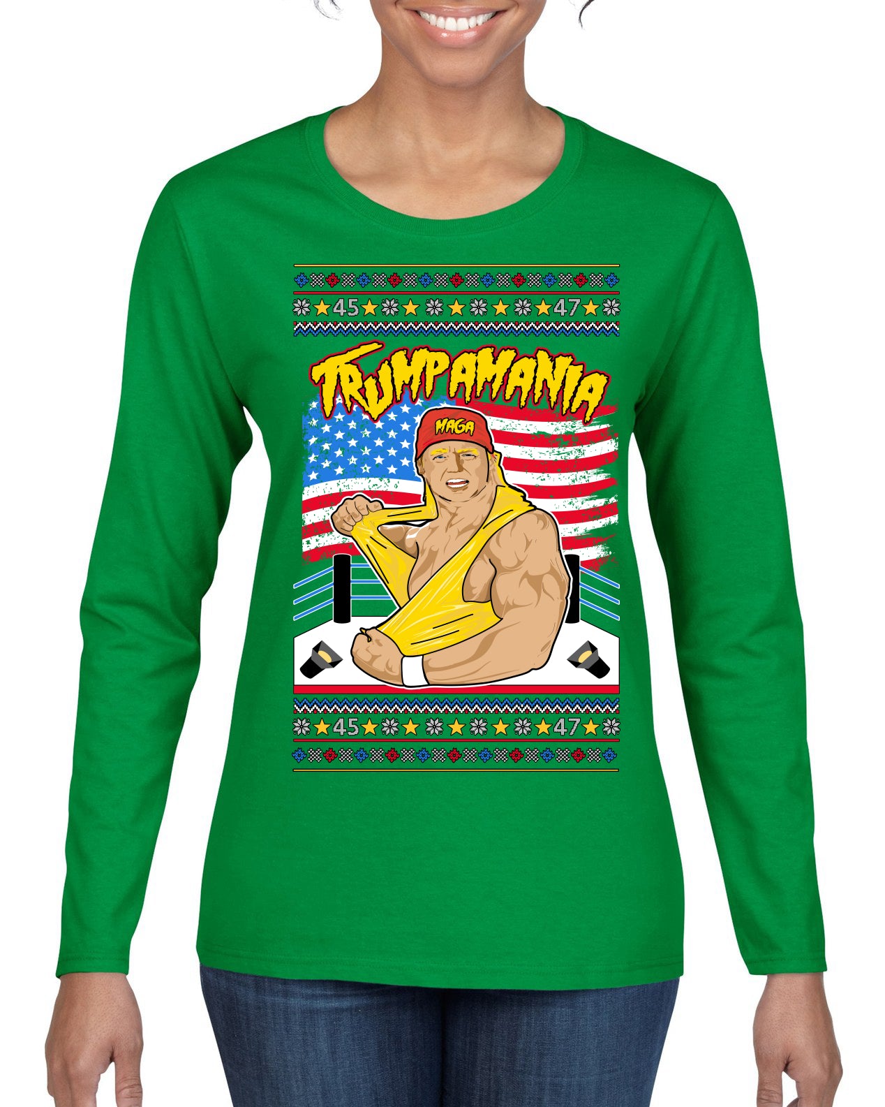 Trumpamania Funny Hogan 80s USA Wrestling Sports Parody Ugly Christmas Sweater Womens Graphic Long Sleeve T-Shirt