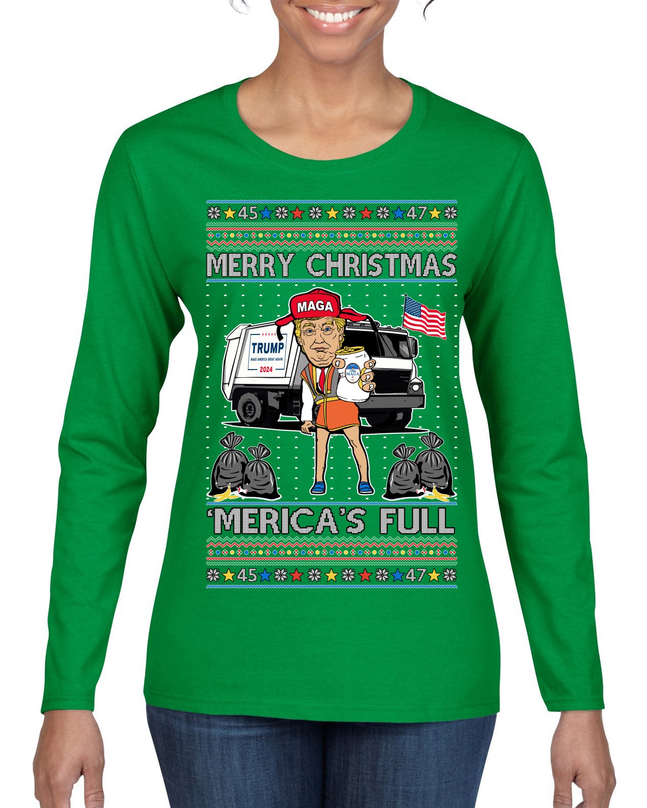 Donald Trump Merry Christmas Merica's Full Garbage Truck Ugly Christmas Sweater Womens Graphic Long Sleeve T-Shirt