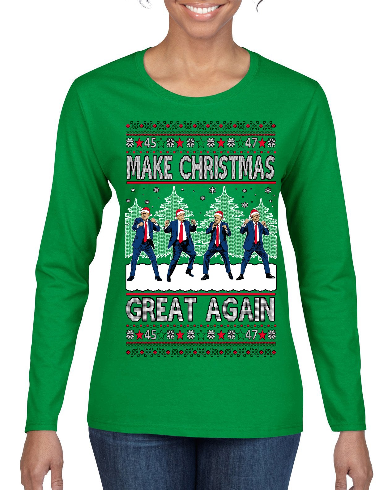 Make Christmas Great Again Shimmy Dance USA President Ugly Christmas Sweater Womens Graphic Long Sleeve T-Shirt