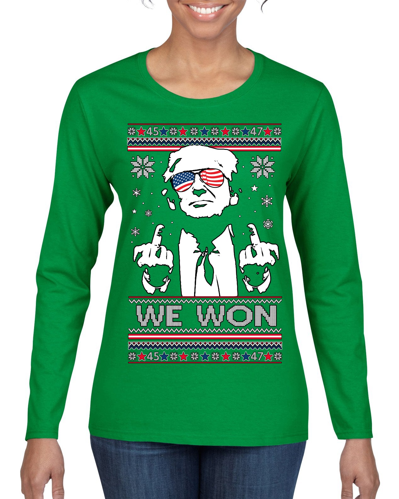 We Won Funny 45 47 President Trump Shot USA Glasses Ugly Christmas Sweater Womens Graphic Long Sleeve T-Shirt