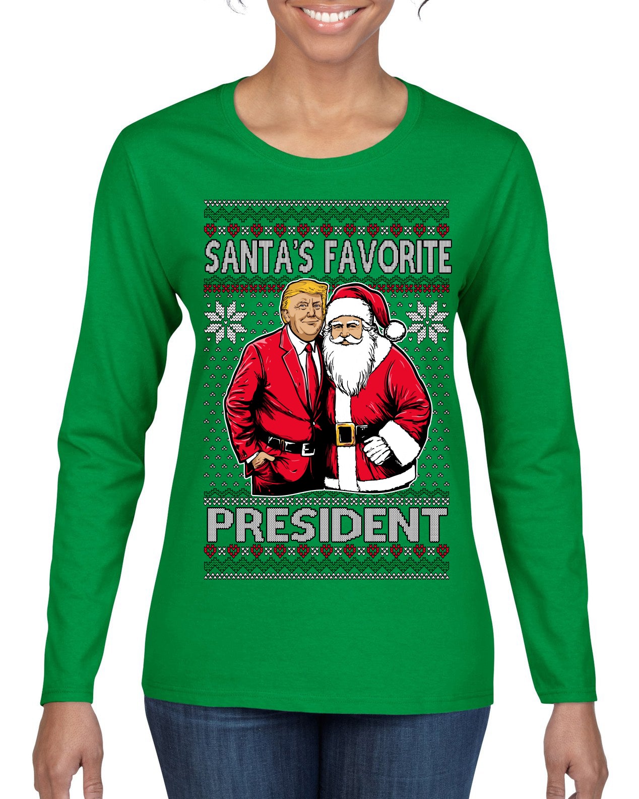 Santa's Favorite President Red Suit Trump Ugly Christmas Sweater Womens Graphic Long Sleeve T-Shirt