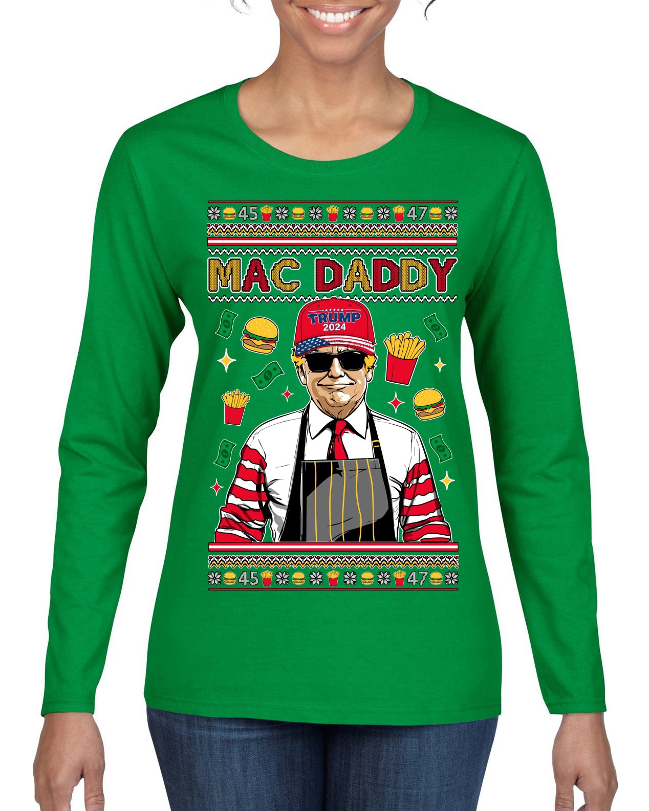 Mac Daddy Funny Viral Trump Meme Fast Food Fries Burgers Ugly Christmas Sweater Womens Graphic Long Sleeve T-Shirt