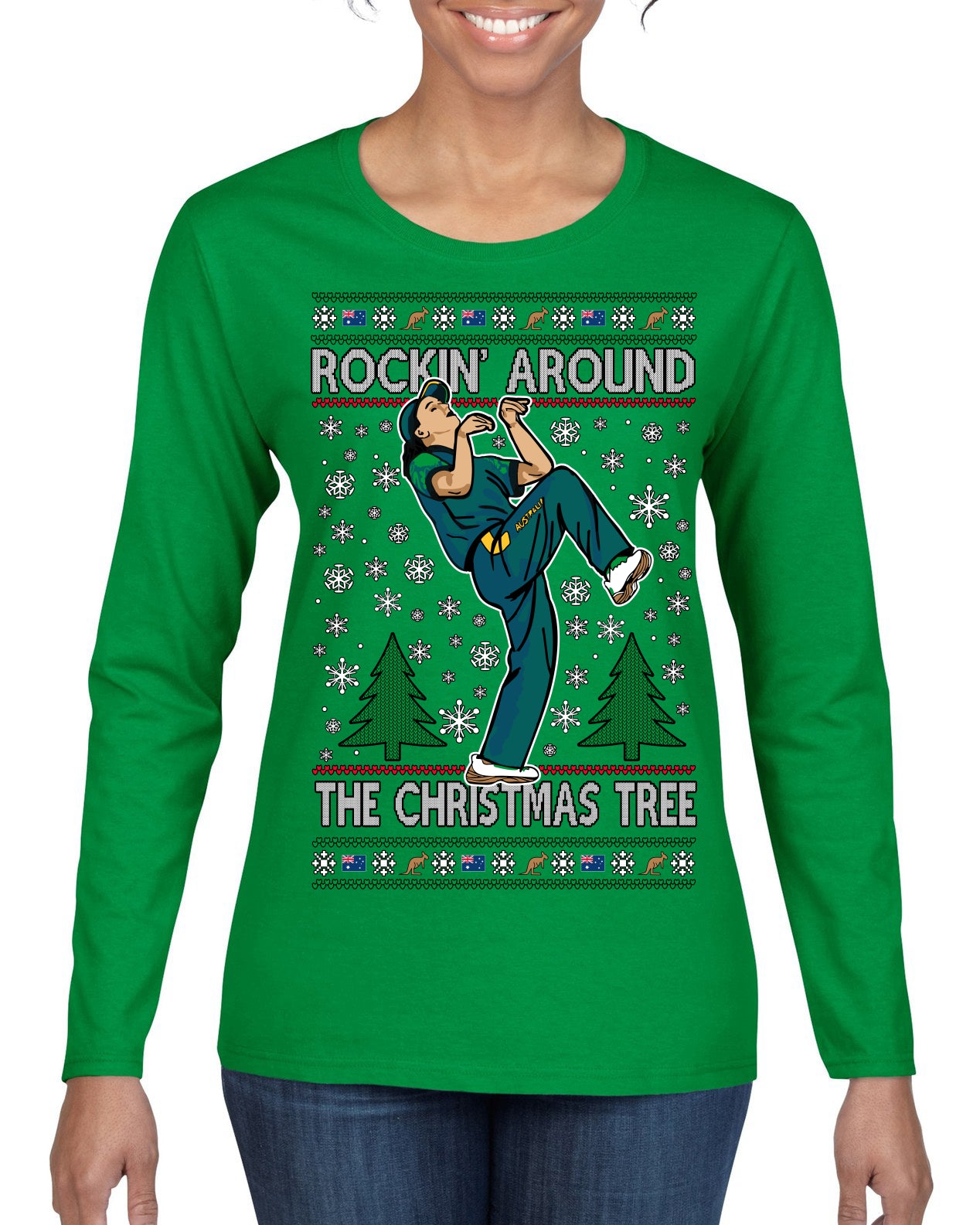 Rockin Around the Christmas Tree Raygun Viral Breakdancer Ugly Christmas Sweater Womens Graphic Long Sleeve T-Shirt