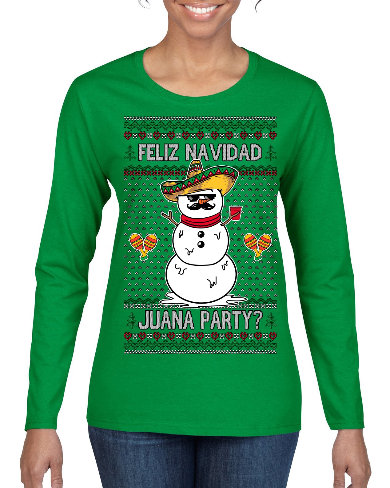 Feliz Navidad Juana Party Funny Spanish Drinking Cerveza Ugly Christmas Sweater Womens Graphic Long Sleeve T-Shirt