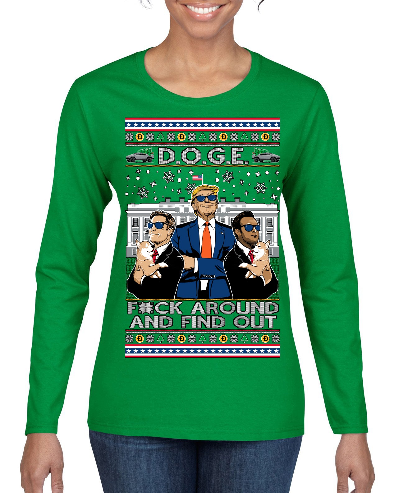 Doge F Around and Find Out Donald Trump Elon Vivek MAGA Ugly Christmas Sweater Womens Graphic Long Sleeve T-Shirt