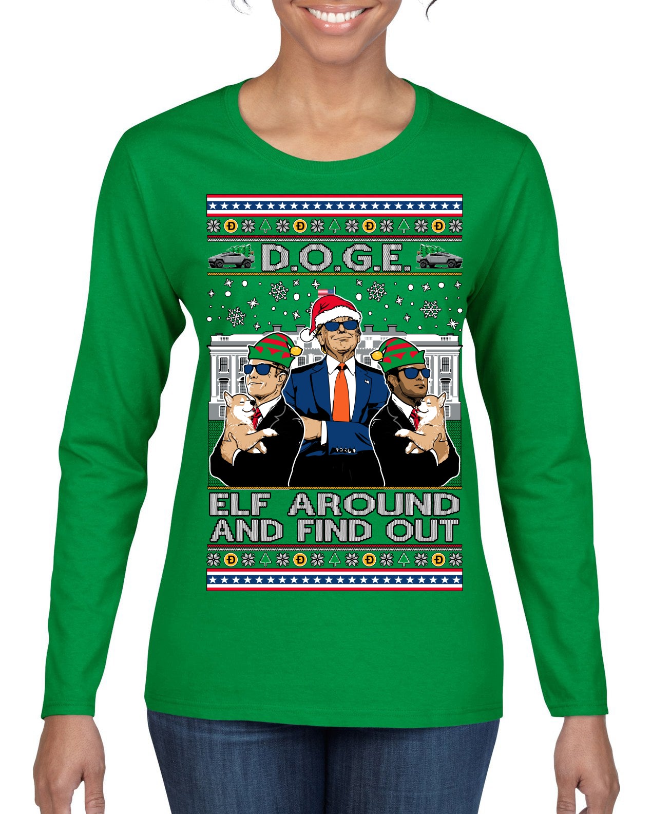 Doge Elf Around and Find Out Trump Elon Vivek MAGA Ugly Christmas Sweater Womens Graphic Long Sleeve T-Shirt