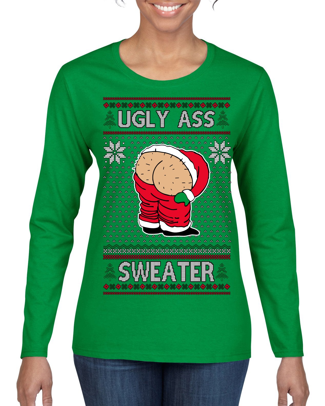Ugly Ass Sweater Funny Santa Claus Butt Xmas Ugly Christmas Sweater Womens Graphic Long Sleeve T-Shirt