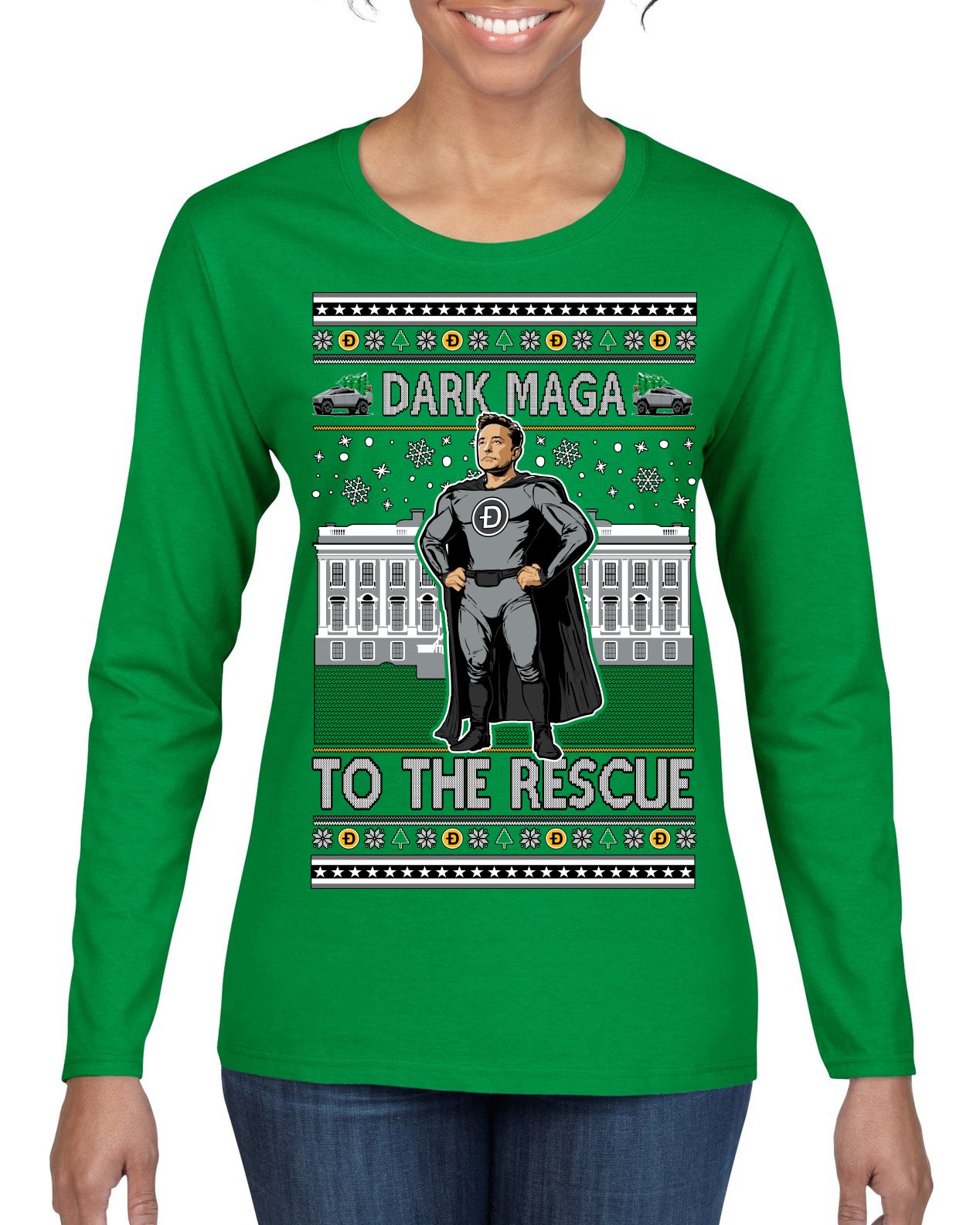 Dark MAGA to the Rescue Elon Superhero Doge Crypto Ugly Christmas Sweater Womens Graphic Long Sleeve T-Shirt