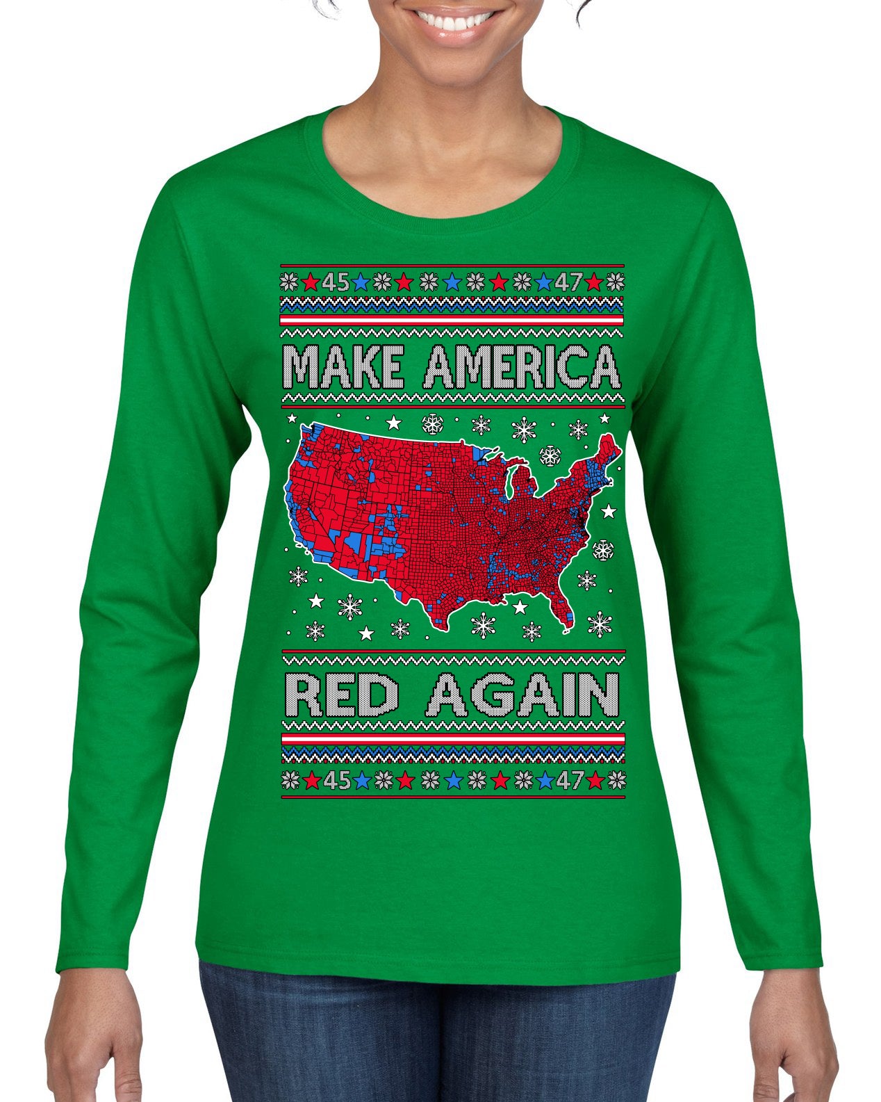 Make America Red Again USA Map Trump 2024 MAGA Ugly Christmas Sweater Womens Graphic Long Sleeve T-Shirt