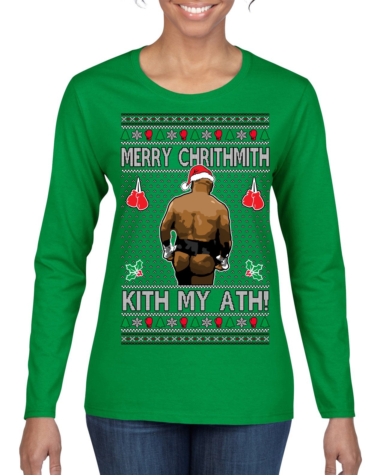 Merry Chrithmith Kith My Ath, Butt Viral Kiss My Ass Boxing Fight Meme Ugly Christmas Sweater Womens Graphic Long Sleeve T-Shirt