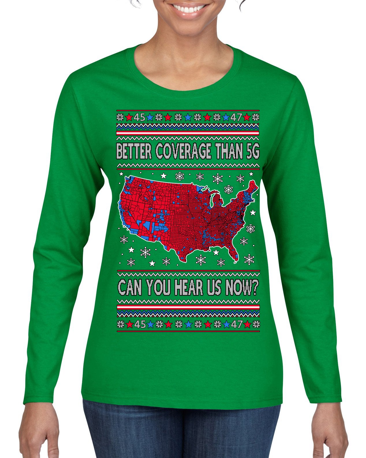 Trump 2024 Better Coverage than 5G Red Wave Landslide Ugly Christmas Sweater Womens Graphic Long Sleeve T-Shirt