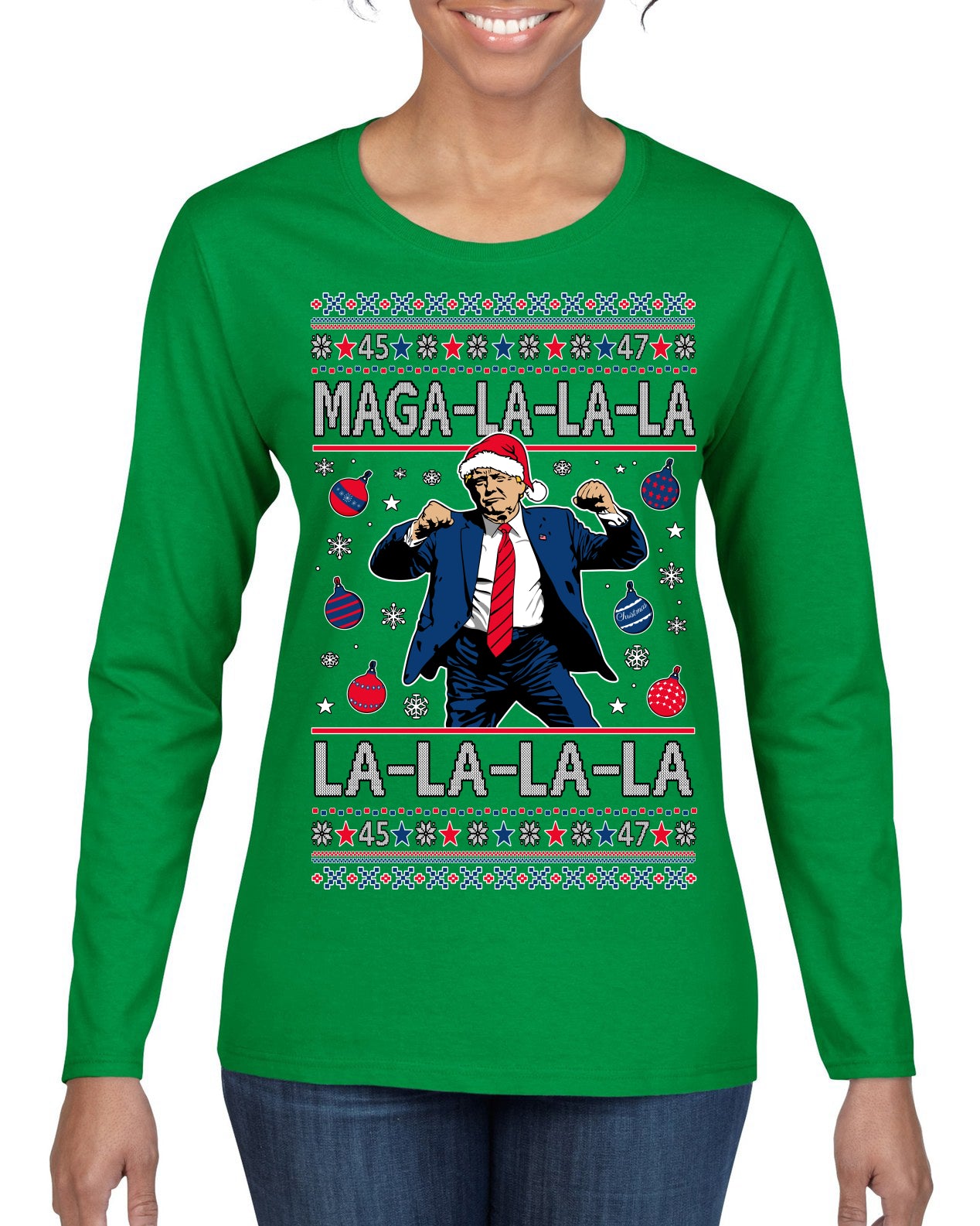 Maga La La La Funny Donald Trump Christmas Carol Song Ugly Christmas Sweater Womens Graphic Long Sleeve T-Shirt