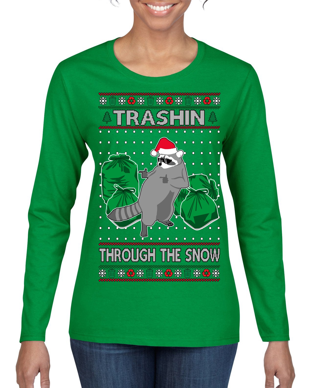 Trashin Through the Snow Funny Trash Panda Raccoon Meme Ugly Christmas Sweater Womens Graphic Long Sleeve T-Shirt