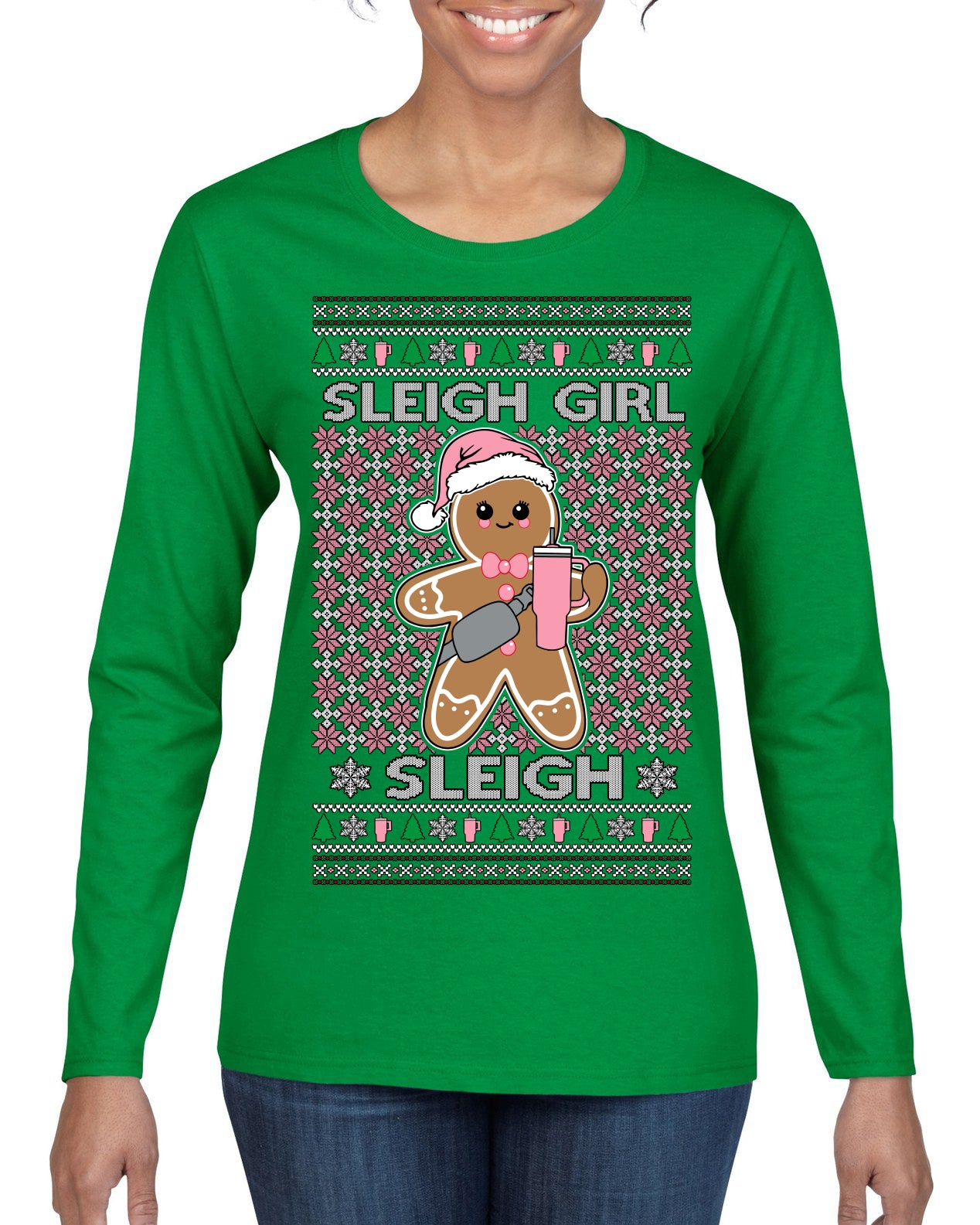 Sleigh Girl Sleigh Funny Trendy Pop Girly Sling Bag Coffee Cup Ugly Christmas Sweater Womens Graphic Long Sleeve T-Shirt
