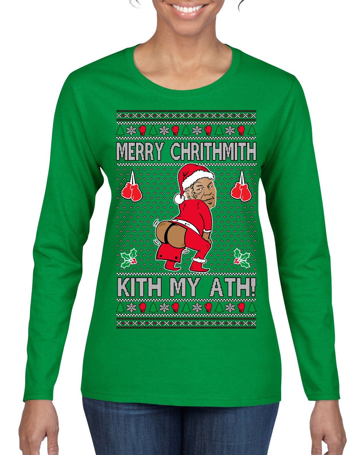 Merry Chrithmith Kith My Ath, Funny Butt Dancing, Viral Kiss My Ass Boxing Fight Meme, Men Women Ugly Christmas Sweater Womens Graphic Long Sleeve T-Shirt