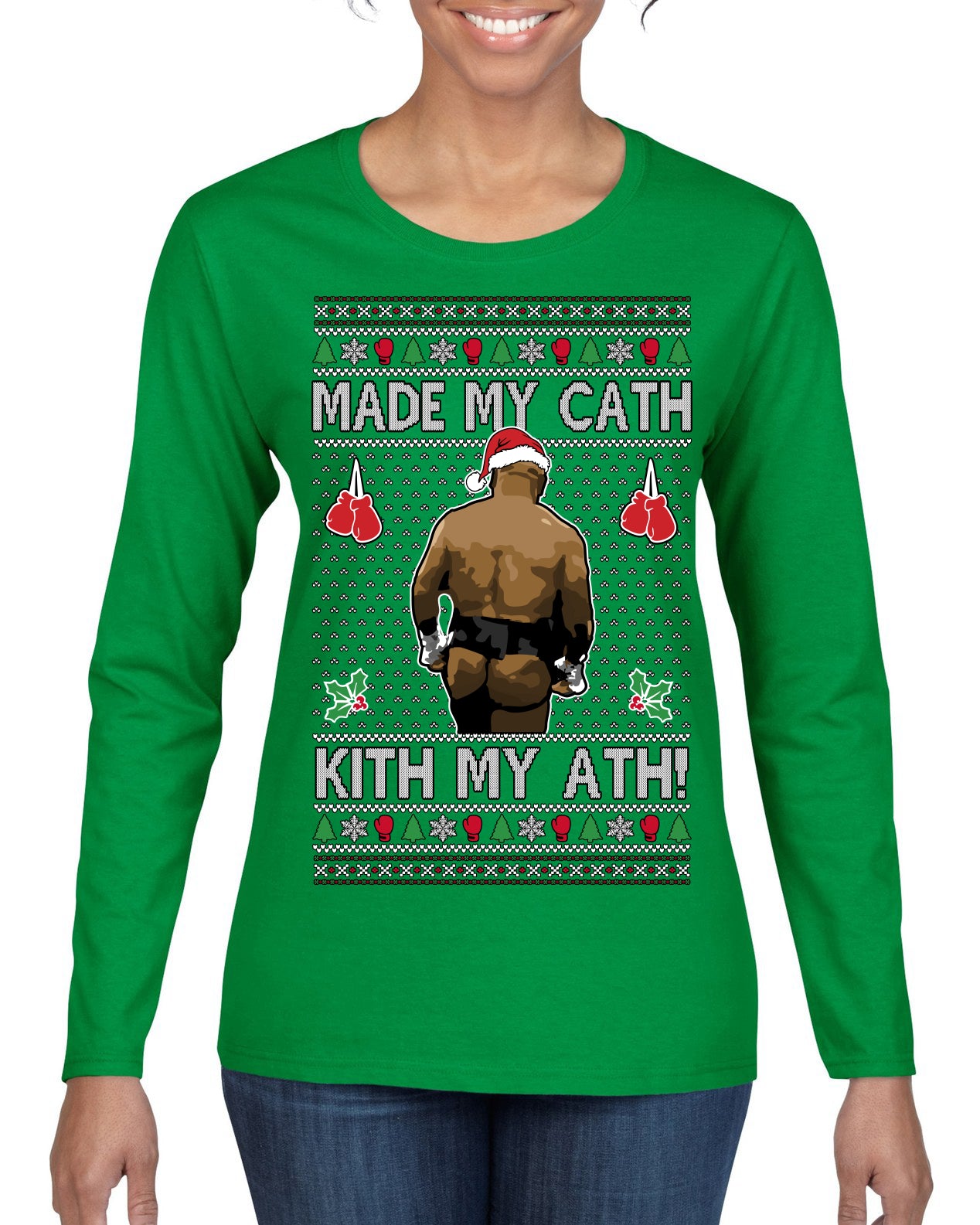Made My Cath Kith My Ath, Funny Cash Money Viral Kiss My Ass Boxing Fight Meme, Men Women Ugly Christmas Sweater Womens Graphic Long Sleeve T-Shirt