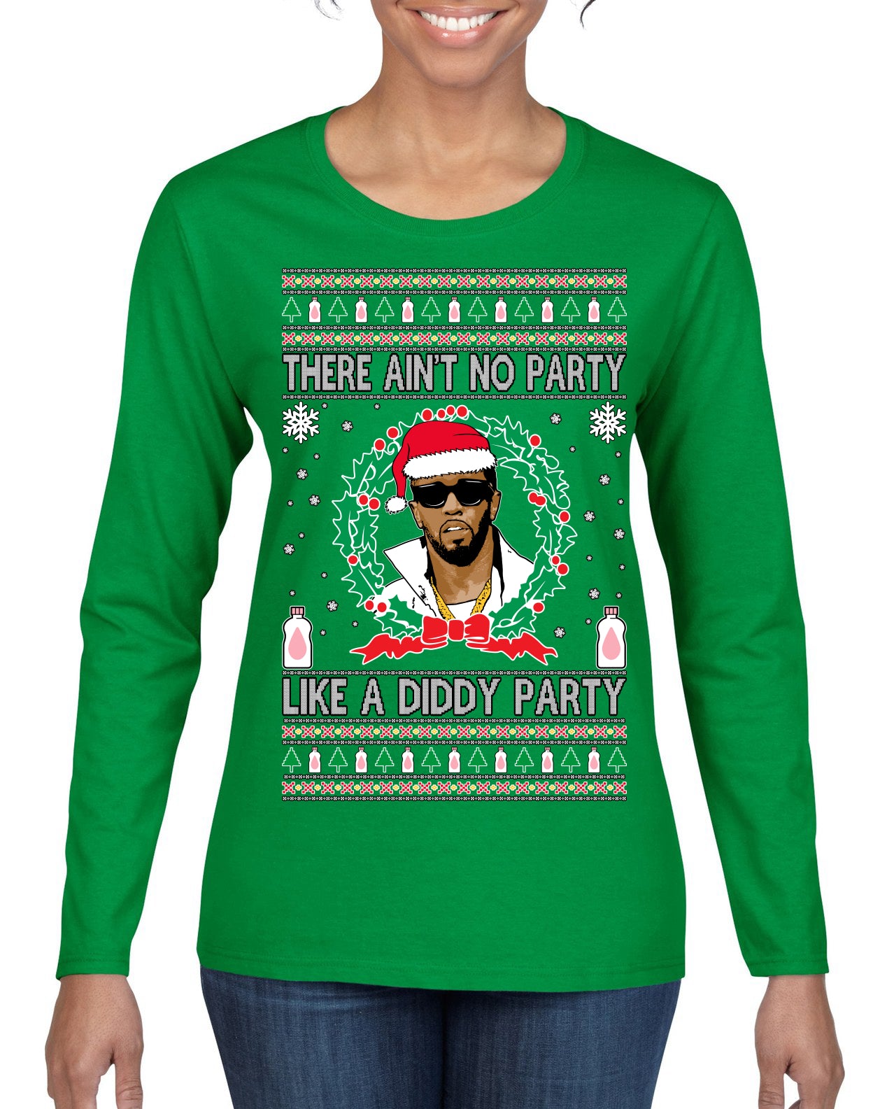 There Ain't No Party Like a Diddy Party, Funny Crazy Party Viral Music Baby Oil Meme, Men Women Ugly Christmas Sweater Womens Graphic Long Sleeve T-Shirt