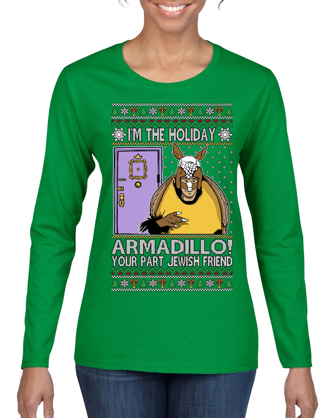 Holiday Armadillo Part Jewish TV Show Ugly Christmas Sweater Womens Graphic Long Sleeve T-Shirt