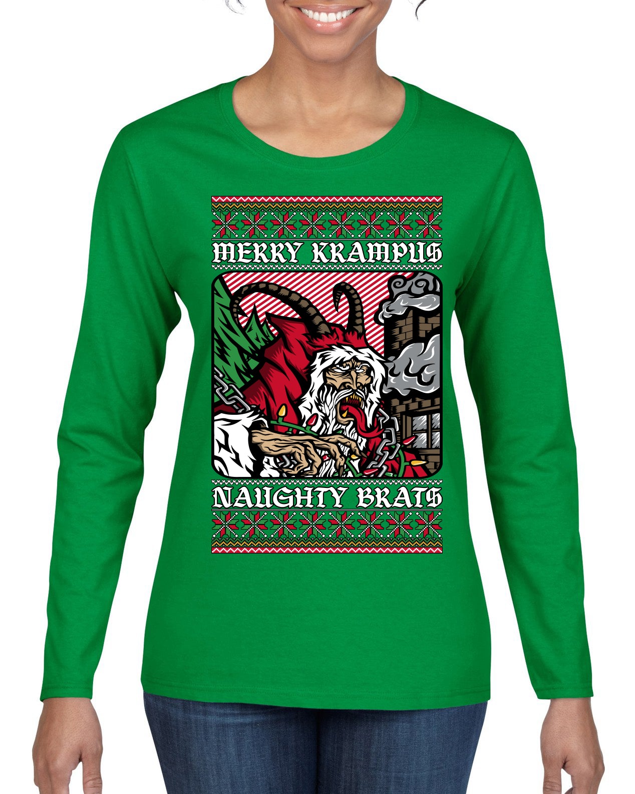 Merry Krampus Naughty Brats | Funny Ugly Christmas Sweater Womens Graphic Long Sleeve T-Shirt