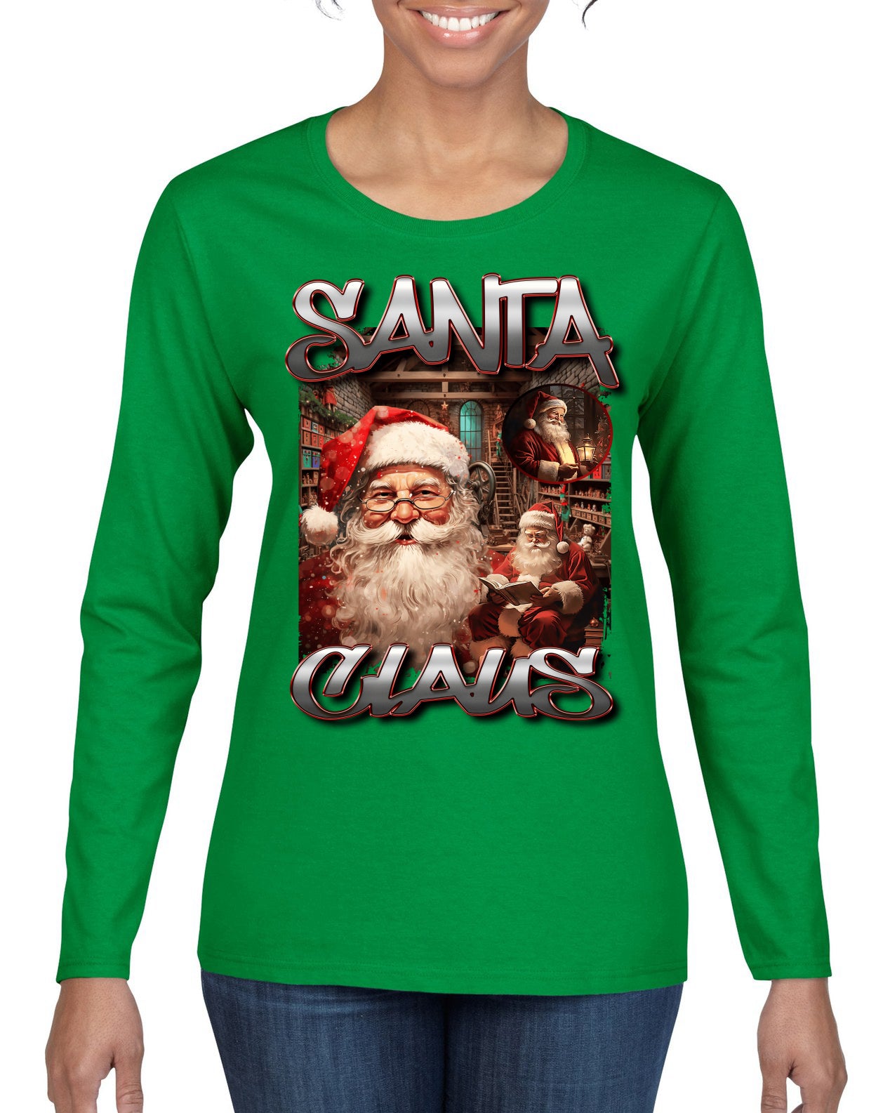 Santa Claus Bootleg Rap Music Style Ugly Christmas Sweater Womens Graphic Long Sleeve T-Shirt