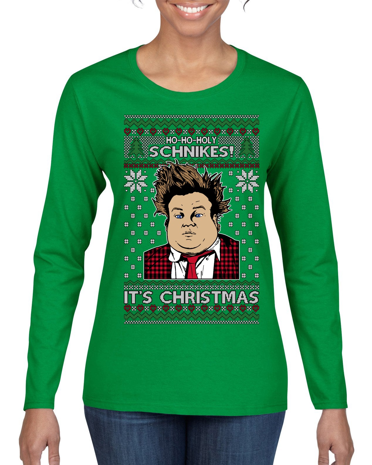 Ho Ho Holy Schnikes Funny 90s Classic Tommy Boy Movie Ugly Christmas Sweater Womens Graphic Long Sleeve T-Shirt
