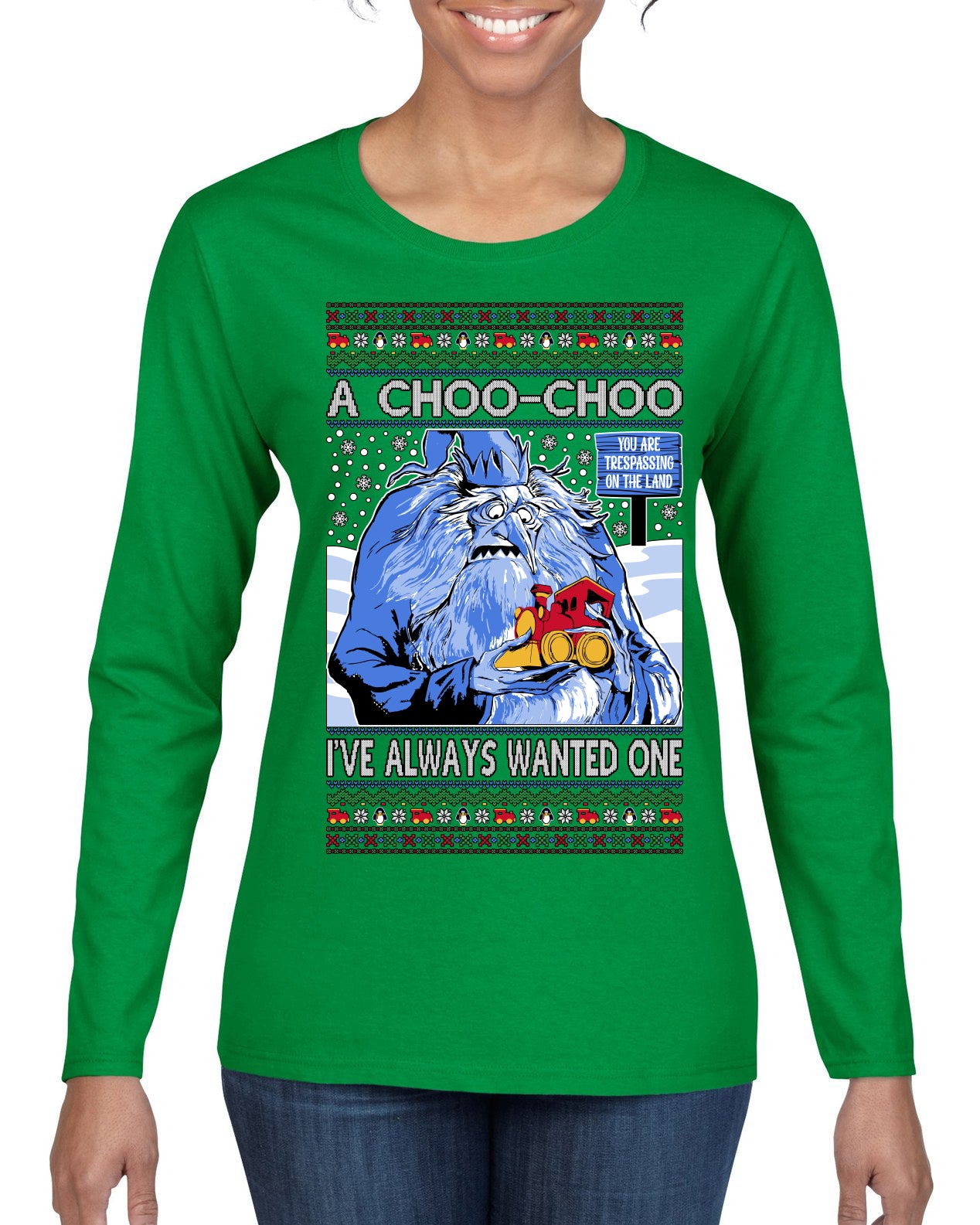 A Choo Choo I've Always Wanted One Winter Warlock Movie Ugly Christmas Sweater Womens Graphic Long Sleeve T-Shirt