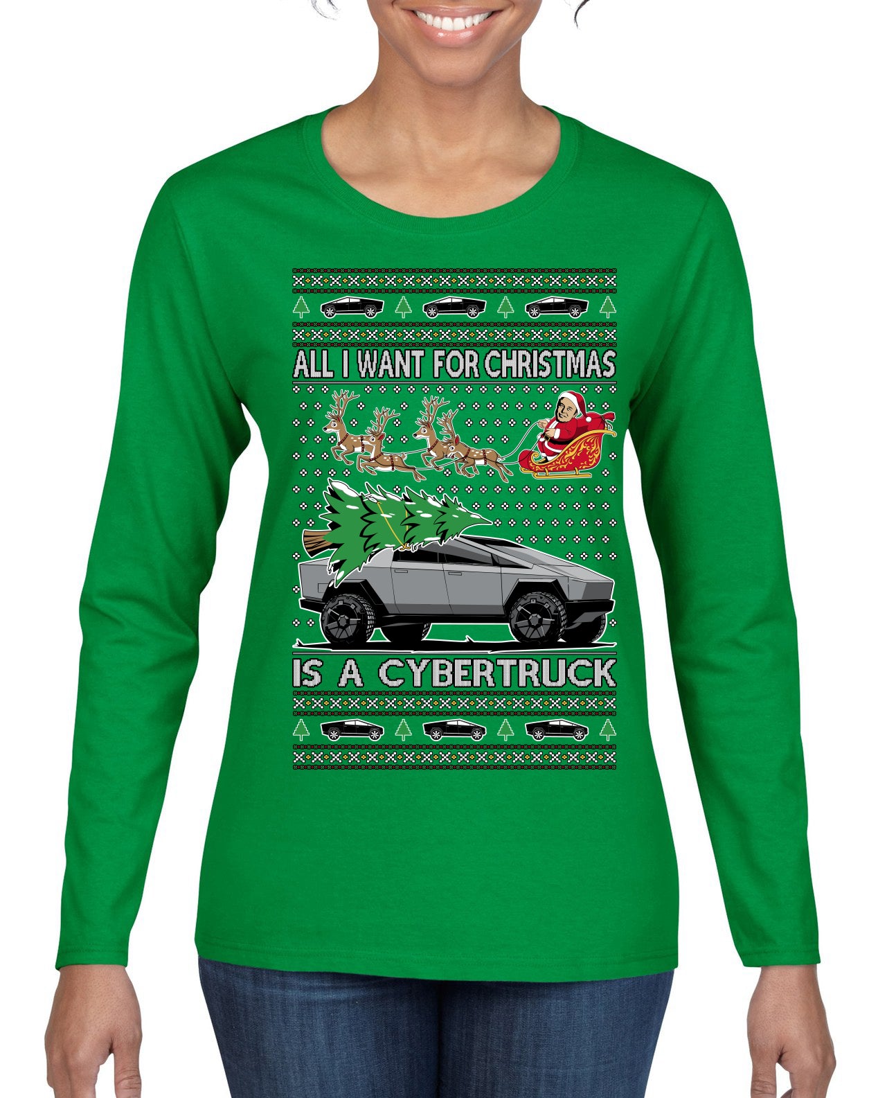 All I Want for Christmas is a Cybertruck Funny Tech Ugly Christmas Sweater Womens Graphic Long Sleeve T-Shirt