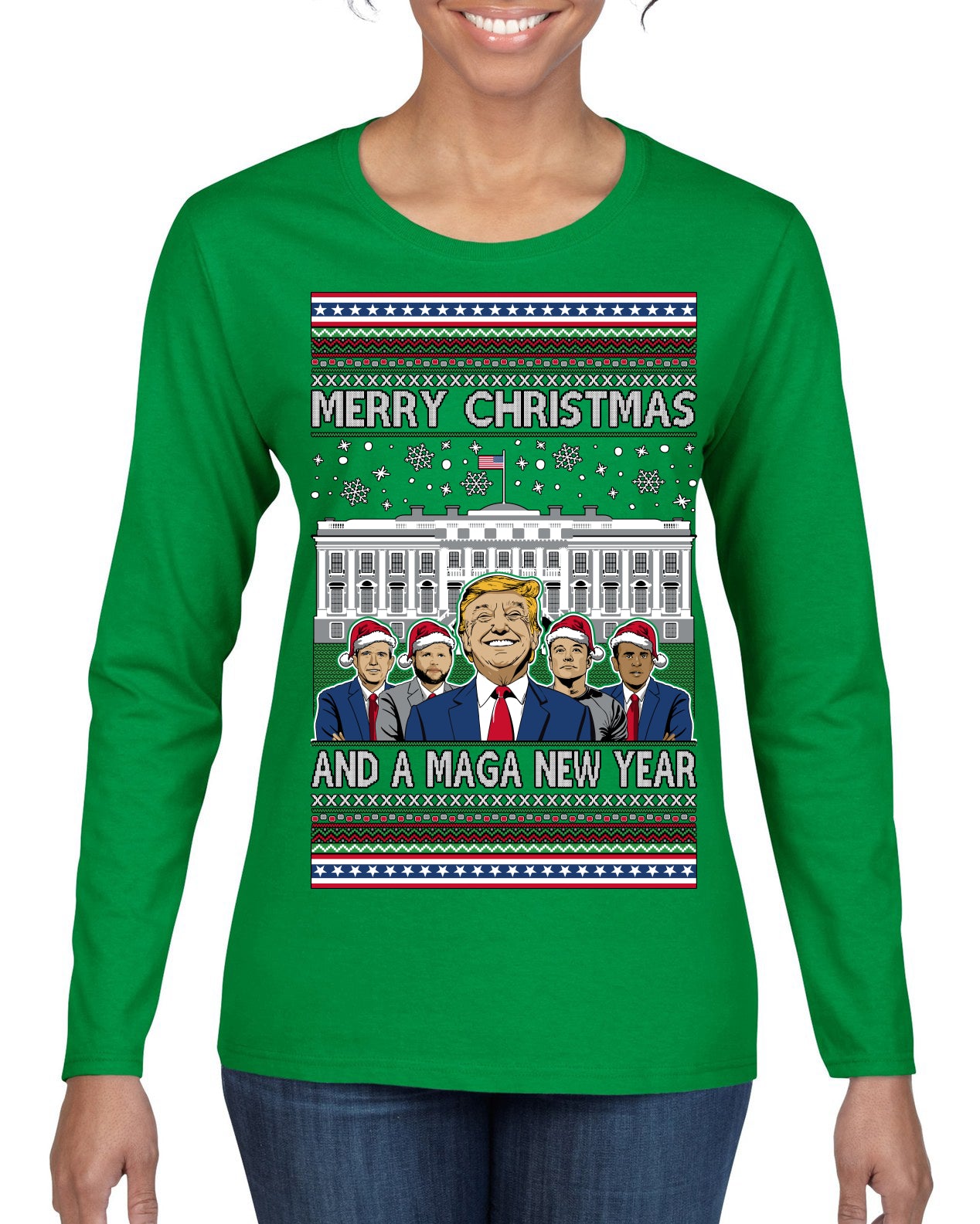 Merry Christmas and a MAGA New Year 2025 Ugly Christmas Sweater Womens Graphic Long Sleeve T-Shirt