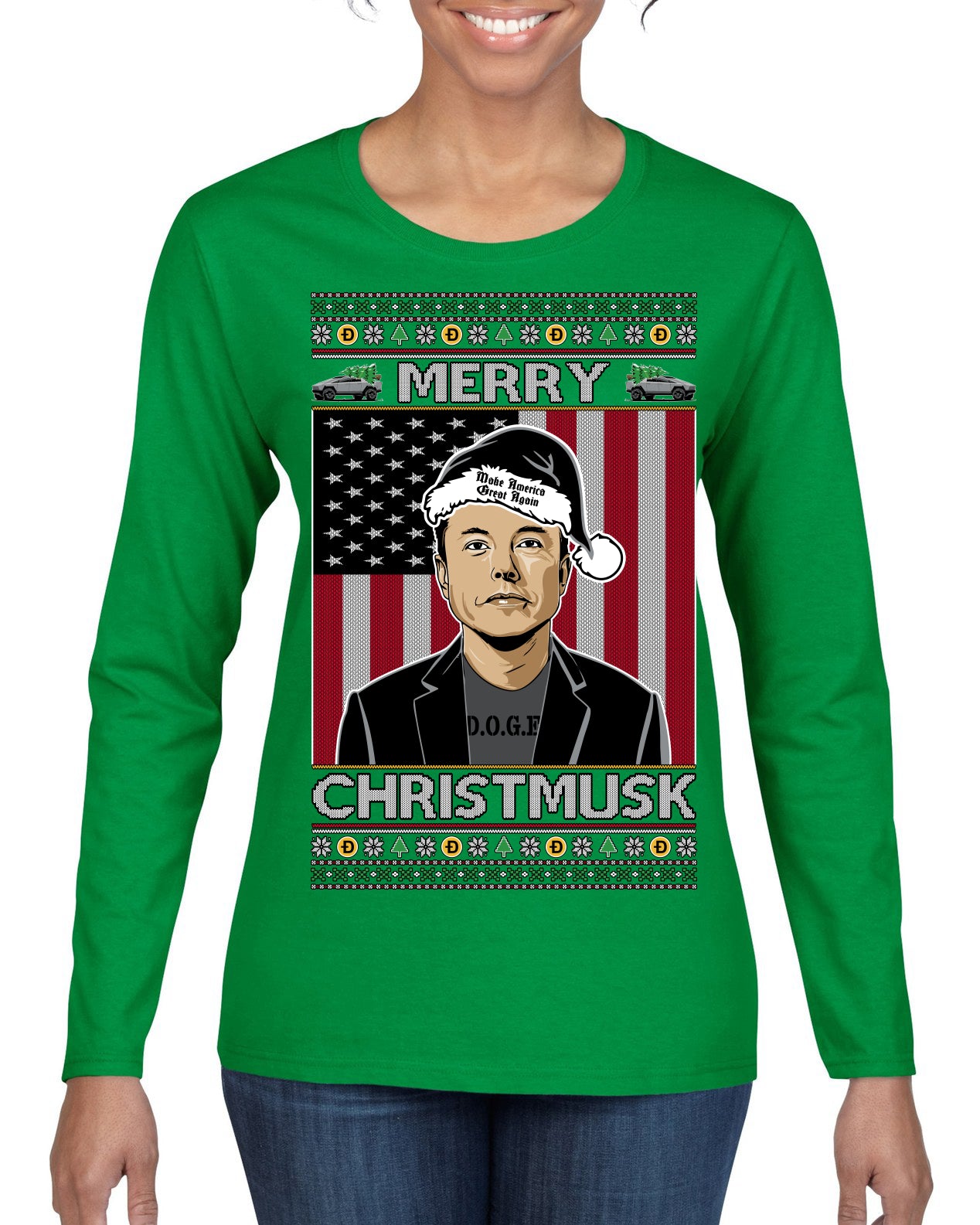 Merry Christmusk Funny Dark MAGA Santa Elon Doge Meme Ugly Christmas Sweater Womens Graphic Long Sleeve T-Shirt