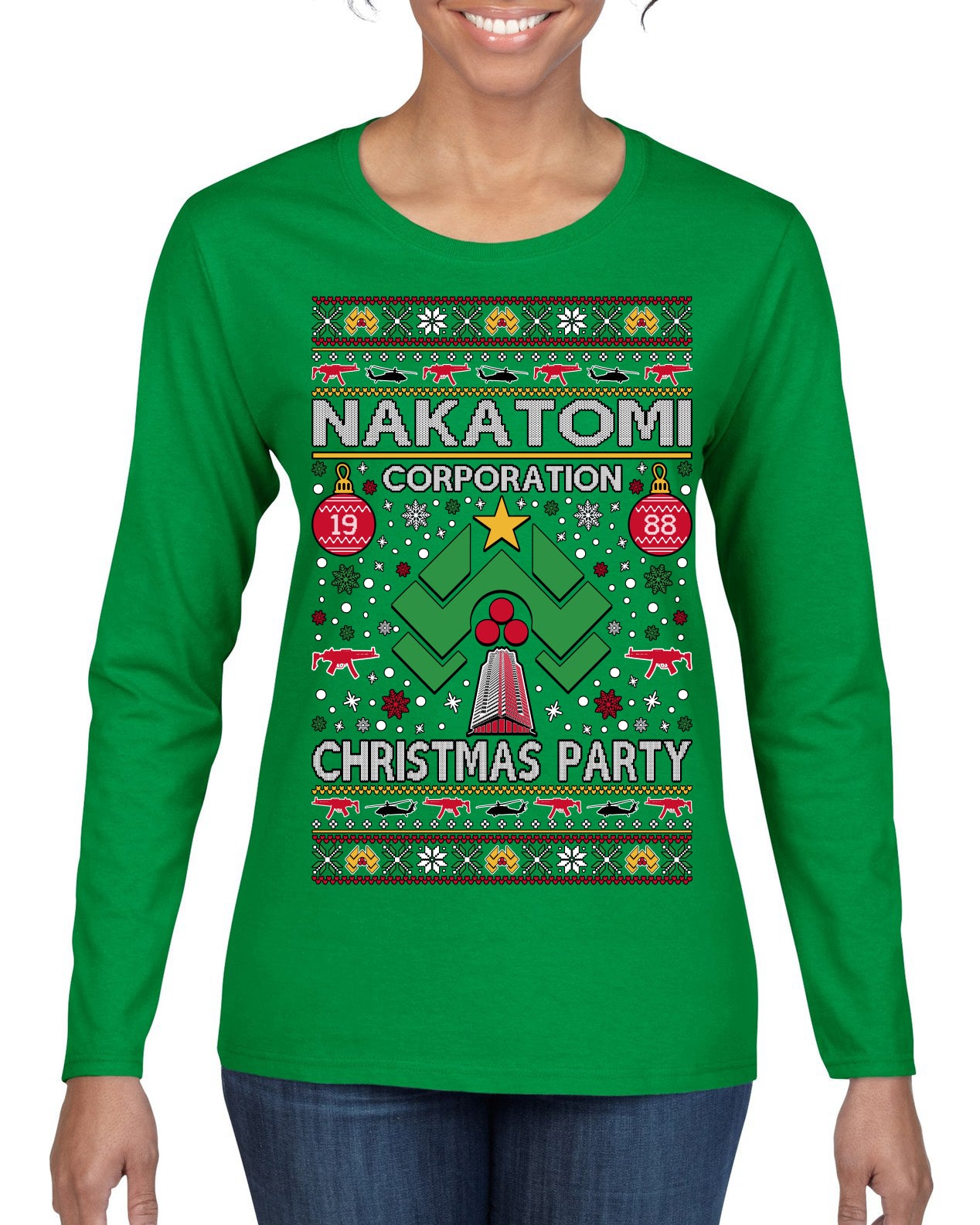 Nakatomi Corporation Christmas Party 1988 Plaza Logo, Classic Die Hard McClane 80s Xmas Movie Quote Ugly Christmas Sweater Womens Graphic Long Sleeve T-Shirt