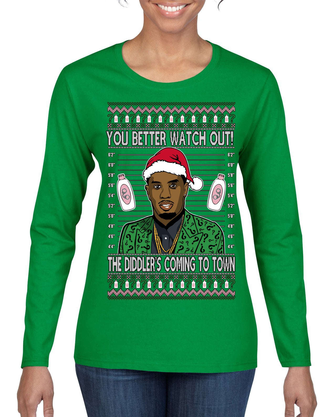You Better Watch Out, the Diddler's Coming to Town, Funny Santa P Diddy Diddler Funny Party Viral Music Baby Oil Meme Ugly Christmas Sweater Womens Graphic Long Sleeve T-Shirt