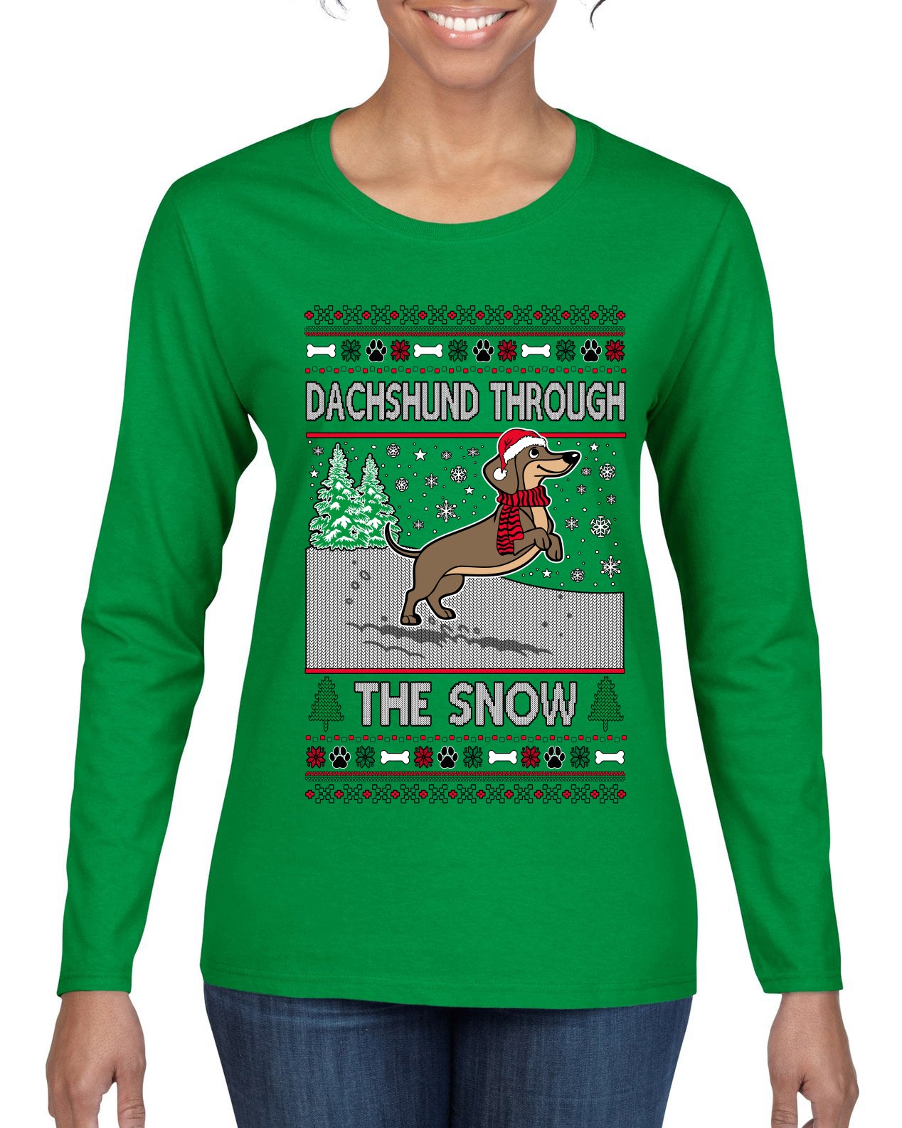 Dachshund Through The Snow, Cute Dog Christmas Sweater, Ugly Christmas Sweater Womens Graphic Long Sleeve T-Shirt