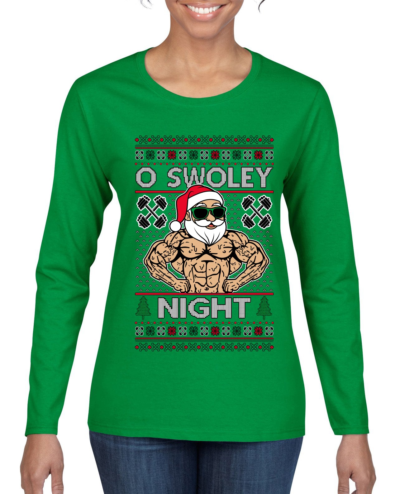 O Swoley Night, Exercise and Fitness Enthusiast, Ugly Christmas Sweater Womens Graphic Long Sleeve T-Shirt