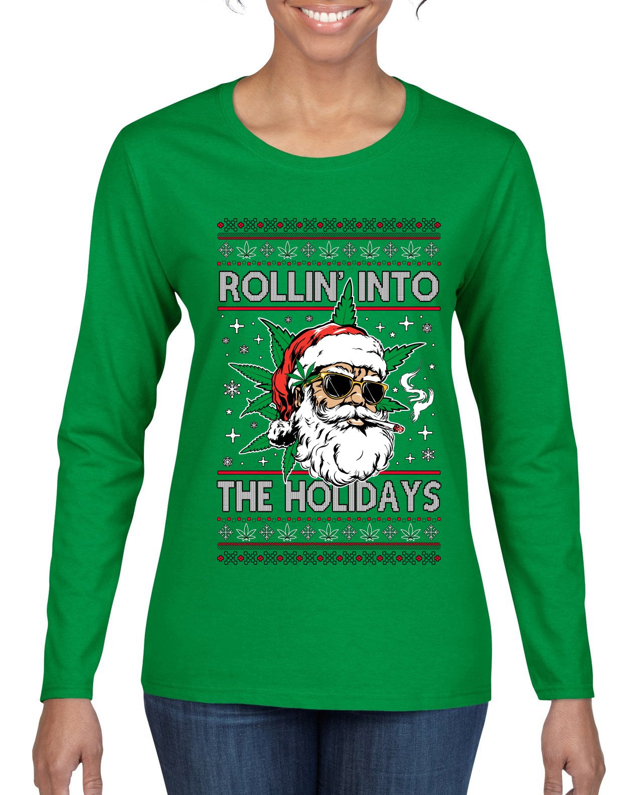 Rollin' Into The Holidays Christmas Sweater, Ugly Christmas Sweater Womens Graphic Long Sleeve T-Shirt