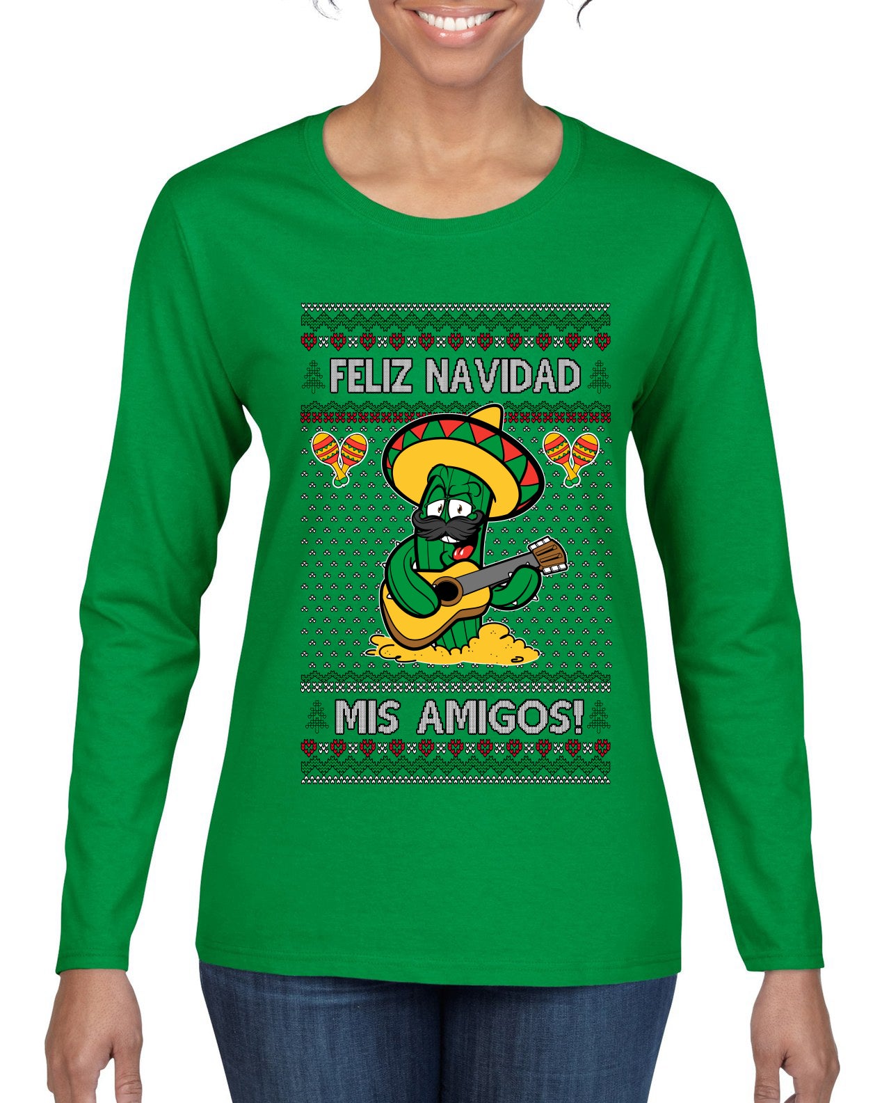 Feliz Navidad Mis Amigos!, Ugly Christmas Sweater Womens Graphic Long Sleeve T-Shirt