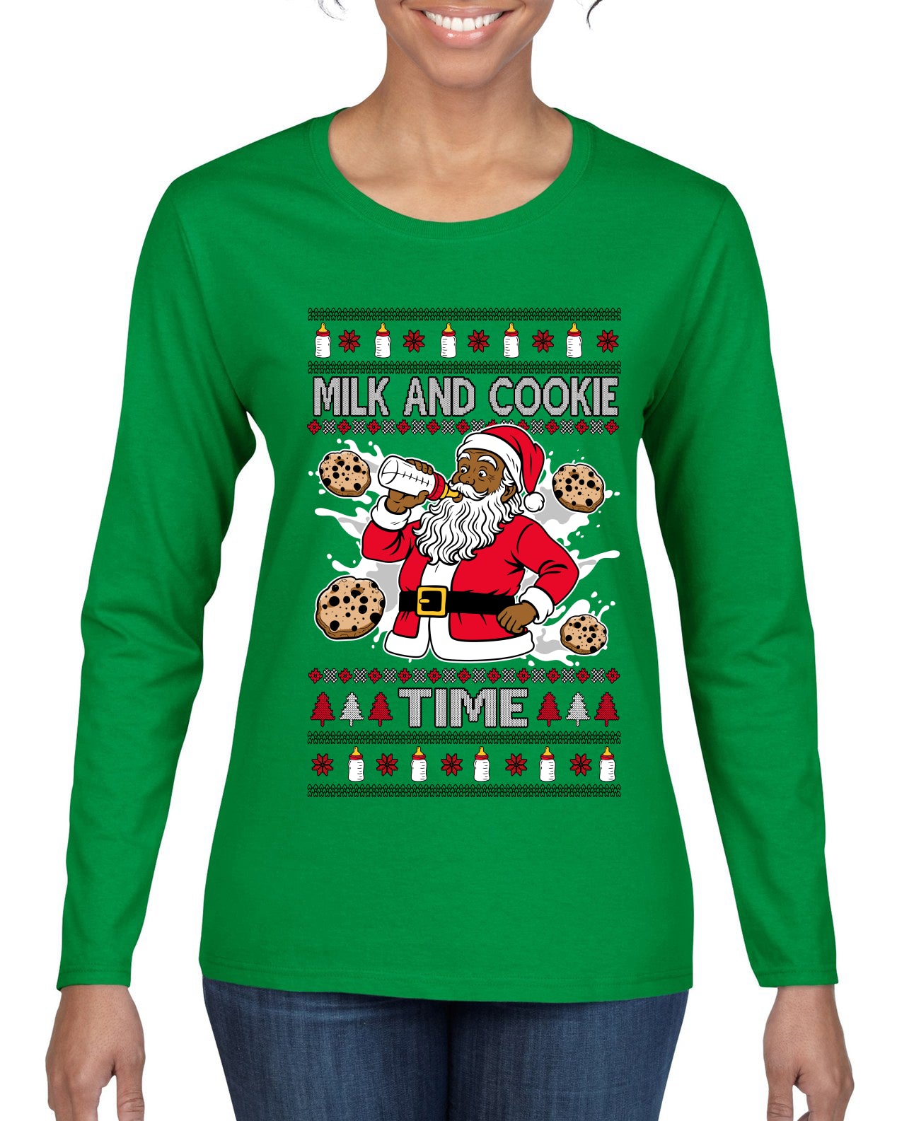 Milk And Cookie Time Christmas Sweater, Ugly Christmas Sweater Womens Graphic Long Sleeve T-Shirt