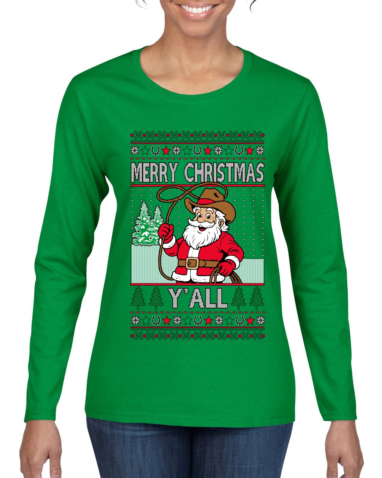 Merry Christmas Y'all Christmas Sweater, Ugly Christmas Sweater Womens Graphic Long Sleeve T-Shirt