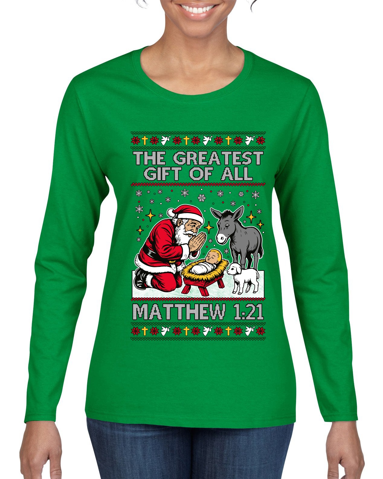 The Greatest Gift Of All Matthew 1:21, Ugly Christmas Sweater Womens Graphic Long Sleeve T-Shirt