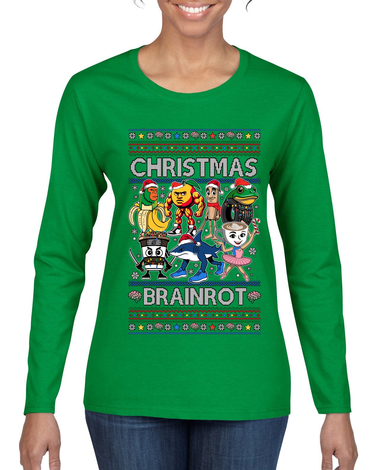 Christmas Brainrot, Ugly Christmas Sweater Womens Graphic Long Sleeve T-Shirt