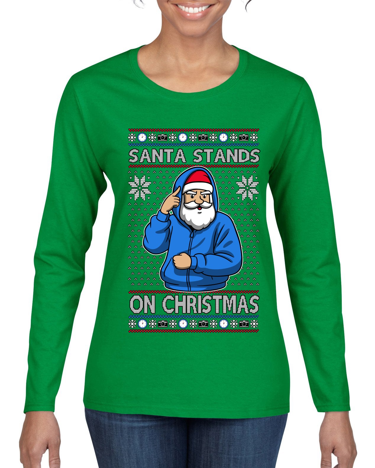 Santa Stands On Christmas, Ugly Christmas Sweater Womens Graphic Long Sleeve T-Shirt