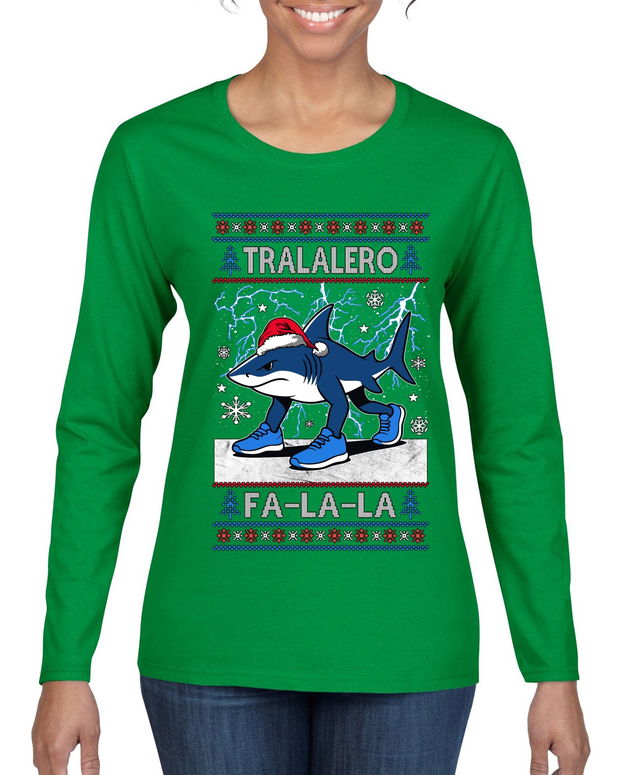 Tralalero Fa La La Brainrot, Ugly Christmas Sweater Womens Graphic Long Sleeve T-Shirt