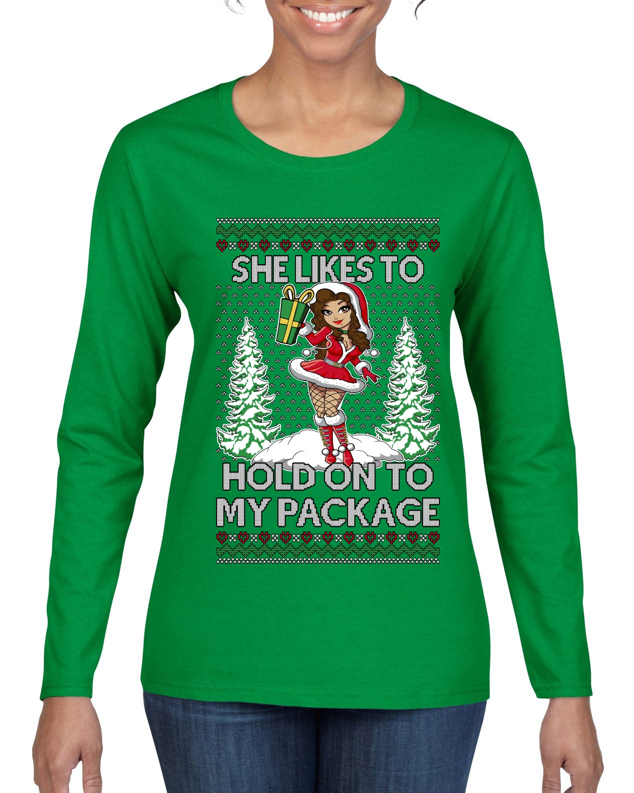 Hold My Package, Ugly Christmas Sweater Womens Graphic Long Sleeve T-Shirt