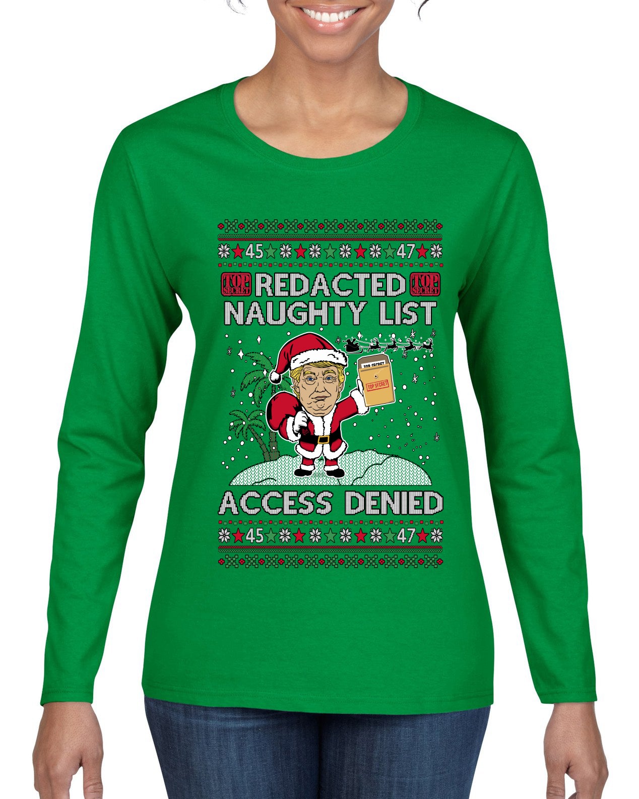 Redacted Naughty List Access Denied, Ugly Christmas Sweater Womens Graphic Long Sleeve T-Shirt